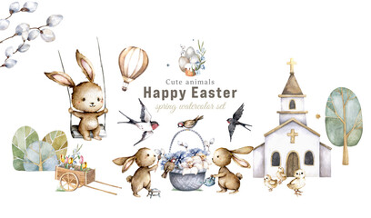 Hand drawn watercolor happy easter set with bunnies design. Rabbit isolated farm illustration on white. Cute baby bunny rabbit illustration for design - 411820050