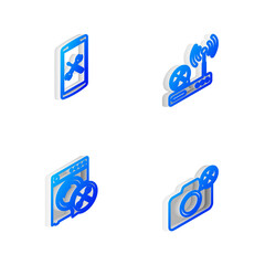 Set Isometric line Router wi-fi service, Smartphone, Washer and Photo camera icon. Vector.
