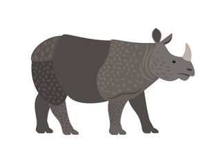 Wild rhino. Cartoon big character of zoo, dangerous animal of savannah, symbol of strength, vector illustration of rhinoceros isolated on white background