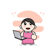 Cute girl character holding laptop.