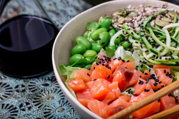 rice salad with vegetables, poke bowl