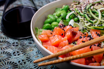 rice salad with vegetables, poke bowl