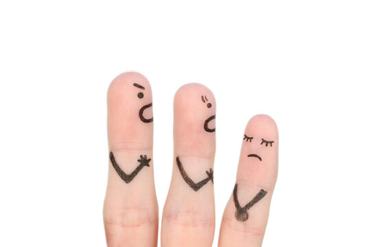 Fingers art of family during quarrel. Concept of parents scold naughty child  isolated on white.
