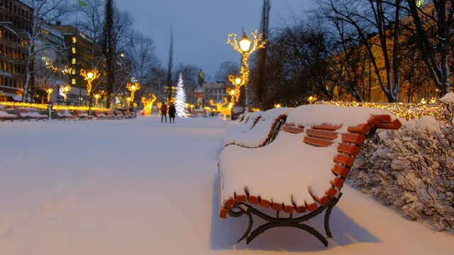 Esplanadi park after the snowfall. The park decorated for the Christmas. Helsinki, Finland.