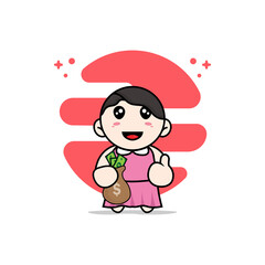 Cute girl character holding a bag of money.