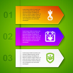 Set line Test tube with marijuana, Calendar and, Shield and Legalize. Business infographic template. Vector.