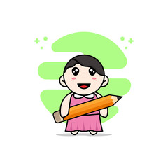 Cute girl character holding a big pencil.