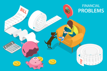 3D Isometric Flat Vector Conceptual Illustration of Money Troubles, Financial Problems, Business Crisis and Bankruptcy, Upaid Bills or Loan Debt.
