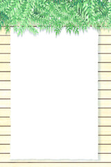新緑の葉と白い木の板の背景　白いコピースペース　縦
