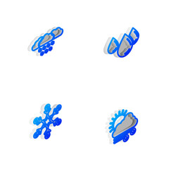 Set Isometric line Water drop, Cloud with snow, Snowflake and Windy weather icon. Vector.