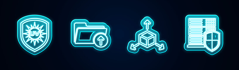 Set line UV protection, Download arrow with folder, Isometric cube and Server shield. Glowing neon icon. Vector.