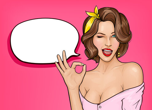 Pretty girl with brown curly hair and open mouth showing ok sign, smiling and winking on pink background with empty speech bubble. Sexy woman with naked shoulders. Vector pop art illustration.
