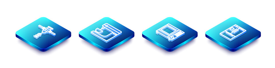 Set Isometric line Construction jackhammer, Electric mixer, Microwave oven and Refrigerator icon. Vector.
