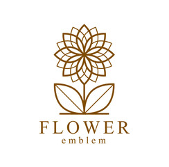 Flower in geometric linear style vector emblem isolated on white background, blossoming flower hotel or boutique or jewelry logo, sacred geometry design element.