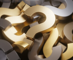 Gold and Black question mark on a background of black signs. 3D Rendering.