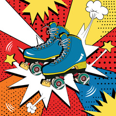 Pop art illustration with rollers. Retro roller skates with four wheels, bright illustration.