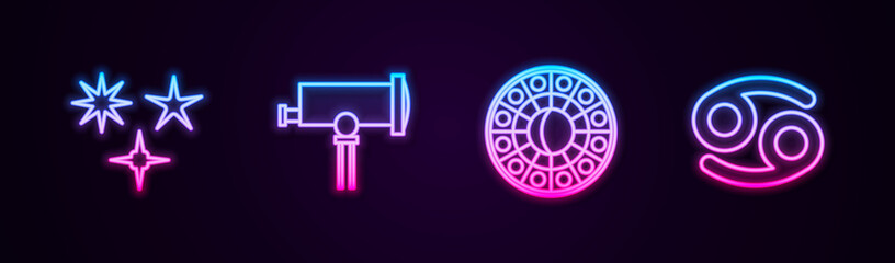 Set line Falling star, Telescope, Astrology horoscope circle and Cancer zodiac. Glowing neon icon. Vector.