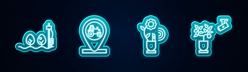 Set line Standalone sensor and plant, Tractor location, Smart farming technology and . Glowing neon icon. Vector.