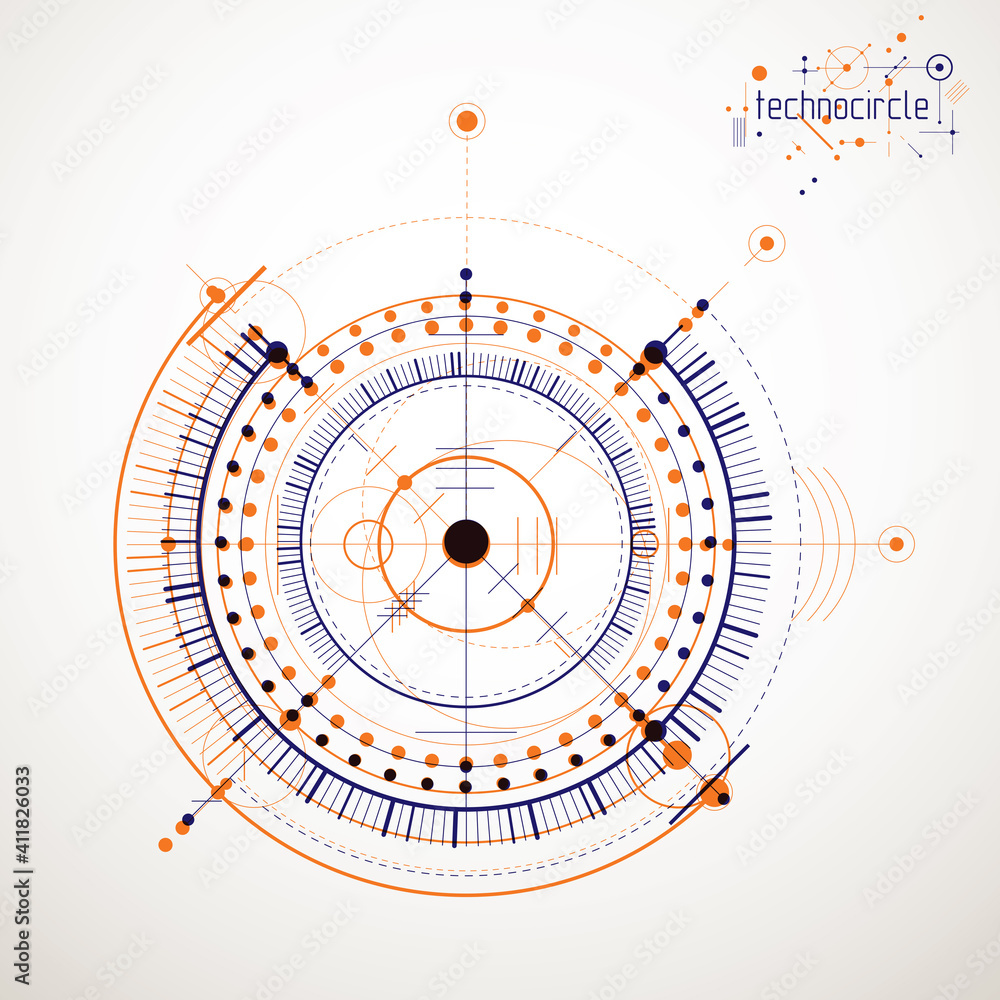 Poster mechanical scheme, vector engineering drawing with circles and geometric parts of mechanism. technic