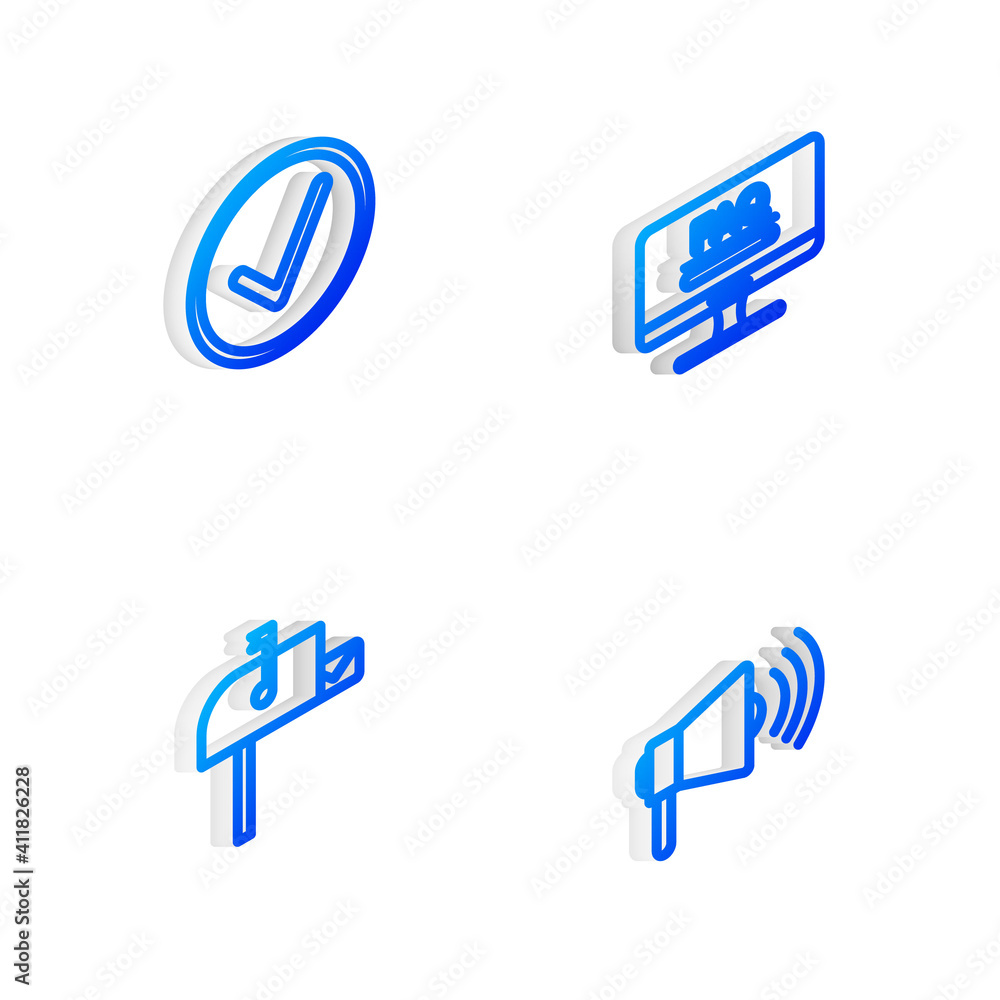 Poster set isometric line monitor with faq information, check mark circle, open mail box and megaphone icon
