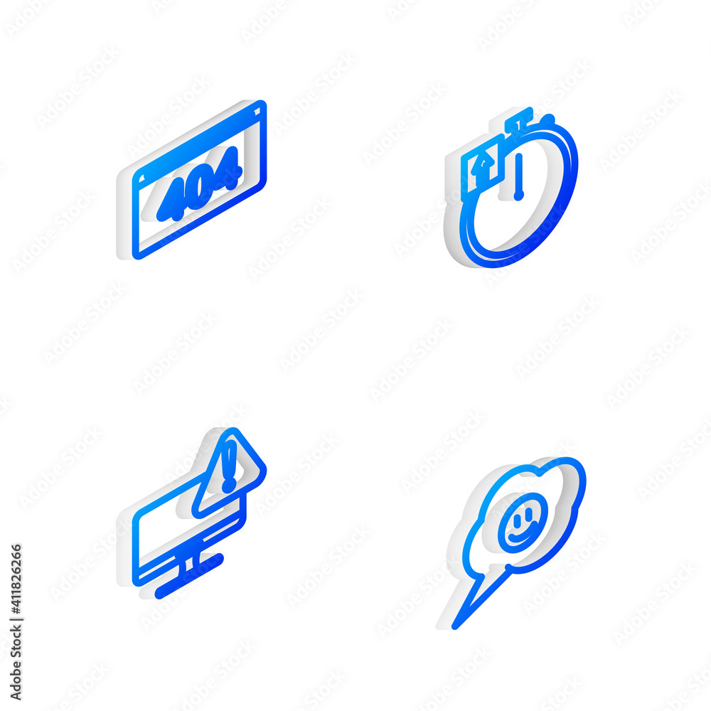 Poster set isometric line stopwatch, page with 404 error, monitor exclamation mark and speech bubble smile 