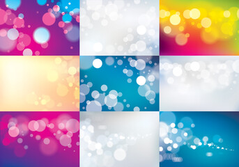 Fototapeta na wymiar Blurred lights backgrounds set. Bokeh effect textures. Beautiful vector abstract illustrations collection. Holidays magic festive shiny themes.