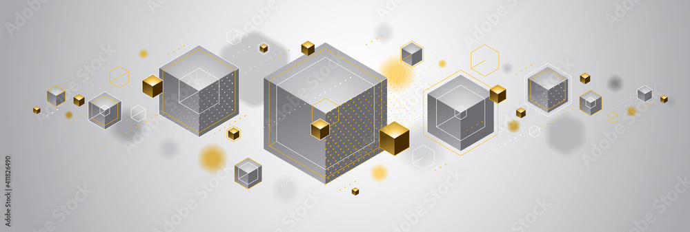 Poster cubes cluster with golden elements lines and dots vector abstract background, 3d abstraction vip lux