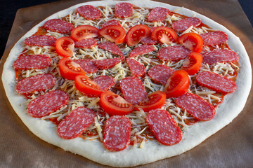 Raw dough for pizza preparation with pepperoni, tomatoes, mozzarella, on parchment paper. Valentines Day concept, soft focus