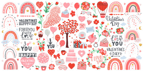Valentine`s Day hand drawn set of flowers, rainbows, hot air balloons, hearts, envelopes, gifts, glass ball, tree, cupcake, bird, glasses, woman silhouette, fruits, stars. Illustration of lettering