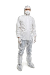 A male doctor in full-length chemical protection. He looks at the camera. White isolated background.