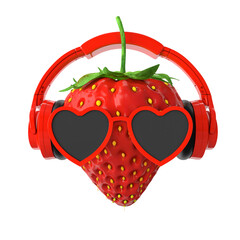 strawberry with sunglasses and headphones on white background 3d rendering