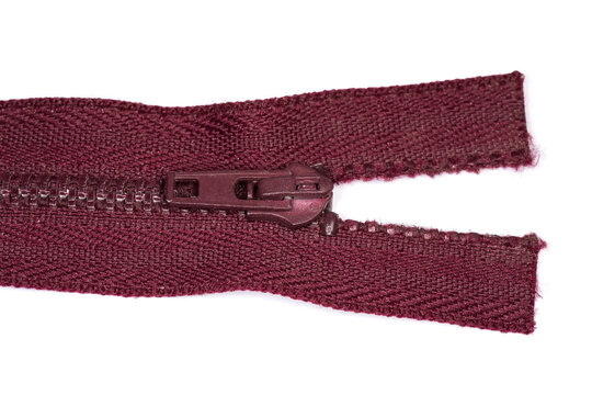 Upper Part Of Dark Burgundy Metal Zipper, Top View