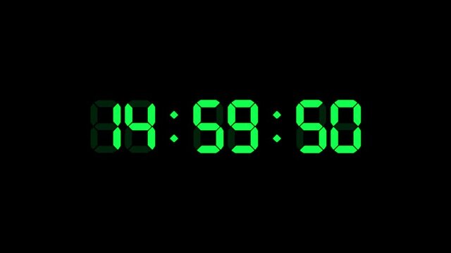 15 hour o'clock digital clock. Seconds count to fifteen. Numerical electronic green display screen.
