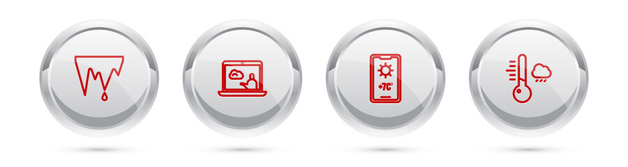 Set line Icicle, Weather forecast, and Meteorology thermometer. Silver circle button. Vector.