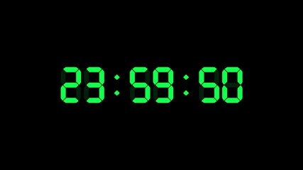 24 hour o'clock digital clock. Seconds count to twenty four. Numerical electronic green display screen.