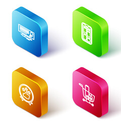 Set Isometric line Bank check and pen, Online shopping on phone, Consumer or customer product rating and Shopping cart food icon. Vector.