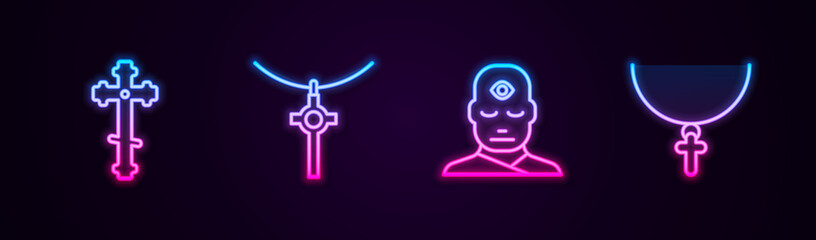 Set line Christian cross, on chain, Man with third eye and . Glowing neon icon. Vector.
