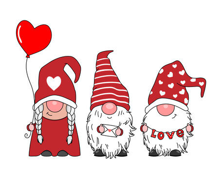 Love card. Cute gnomes with hearts, love letter and word love. Isolated vector