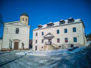 The Castle of Sovinec from the 13th century during winter with snow.