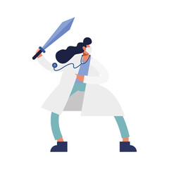 female doctor wearing medical mask with sword