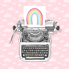 Vintage Typewriter machine with a rainbow on a pink clouds background. T-shirt composition, hand drawn style print. Vector illustration.