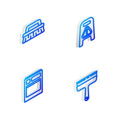 Set Isometric line Wet floor and cleaning in progress, Brush for, Kitchen dishwasher machine and Rubber cleaner windows icon. Vector.