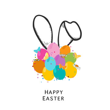 Bunny rabbit ear and eggs simple Happy Easter. Fabric, T-shirt design, photo, easter element vector illustration