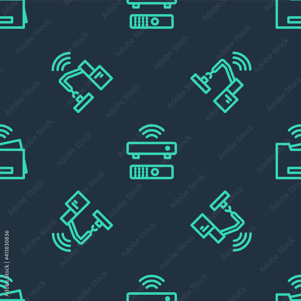Poster set line wireless tv box receiver, robotic robot arm hand factory and smart printer on seamless patt