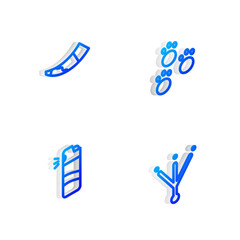 Set Isometric line Paw print, Hunting horn, Pepper spray and Bird footprint icon. Vector.
