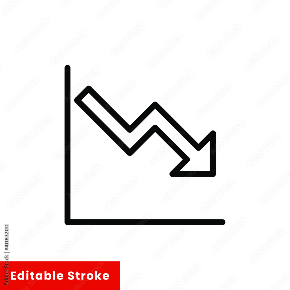 Poster graph down, reduce progress line icon. simple outline style efficiency decrease graphic, finance cha