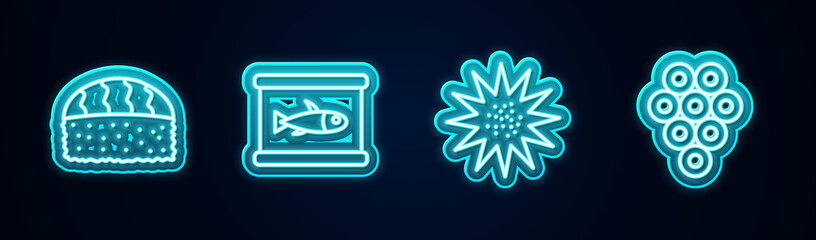 Set line Sushi, Canned fish, Sea urchin and Caviar. Glowing neon icon. Vector.