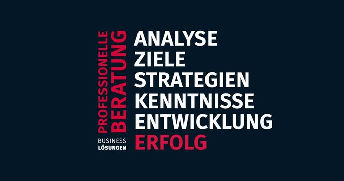 Professionelle Beratung. Business L&ouml;sungen. Animierte Schlagwortwolke. Kinetische Text Animation.