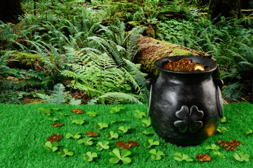 Cast iron pot, decorated by four-petal lucky shamrock leaf, full of leprechaun gold treasure, clover leaves and leprechaun gold coins on green grass in forest. Saint Patricks Day banner, poster, flyer