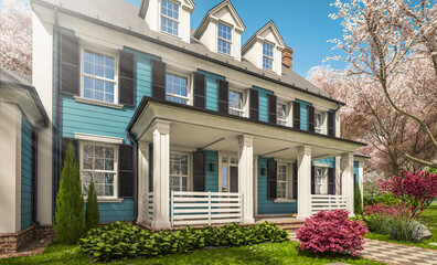 Fototapeta na wymiar 3d rendering of modern cozy classic house in colonial style with garage and pool for sale or rent with beautiful landscaping Fresh spring day with a blooming trees with flowers of sakura on backgraund